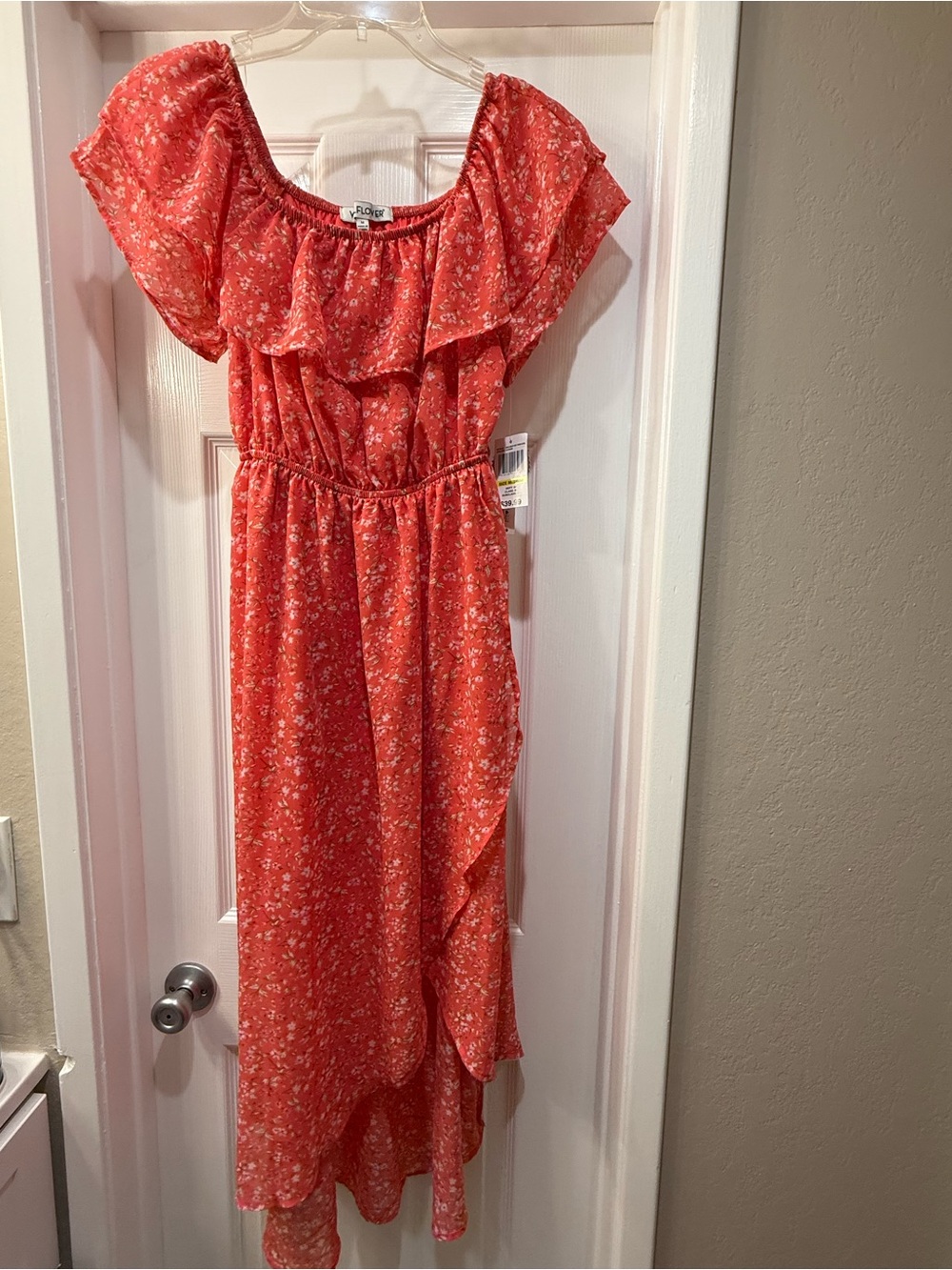 Wallflower Coral Floral High-Low Off-Shoulder Maxi Dress